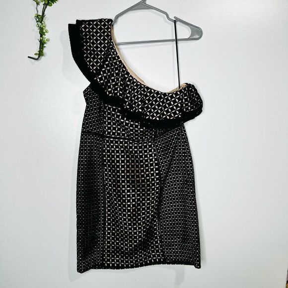 J. Crew Collection One Shoulder Eyelet Ruffle Mini Dress Black - Picture 6 of 13